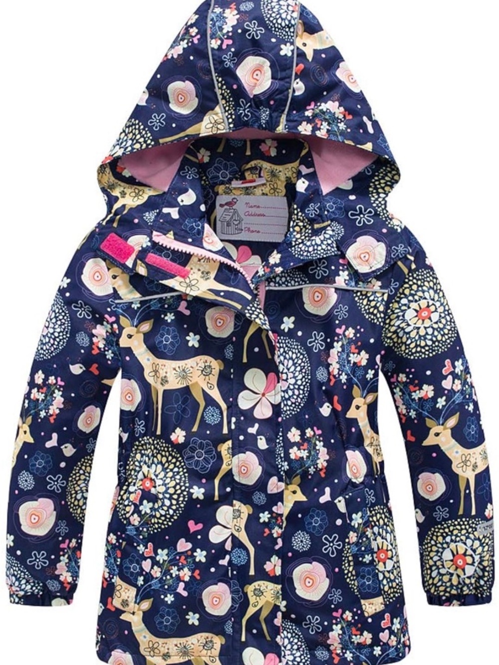 Girls Navy Deer Print Hooded Raincoat Sz 7-8 🦌🩷